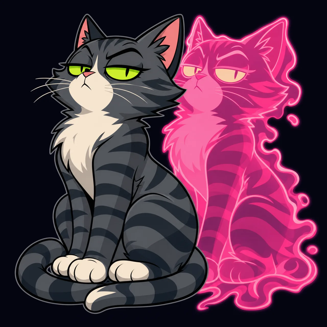 The cat sitting upright beside her glowing magenta ghost twin.
