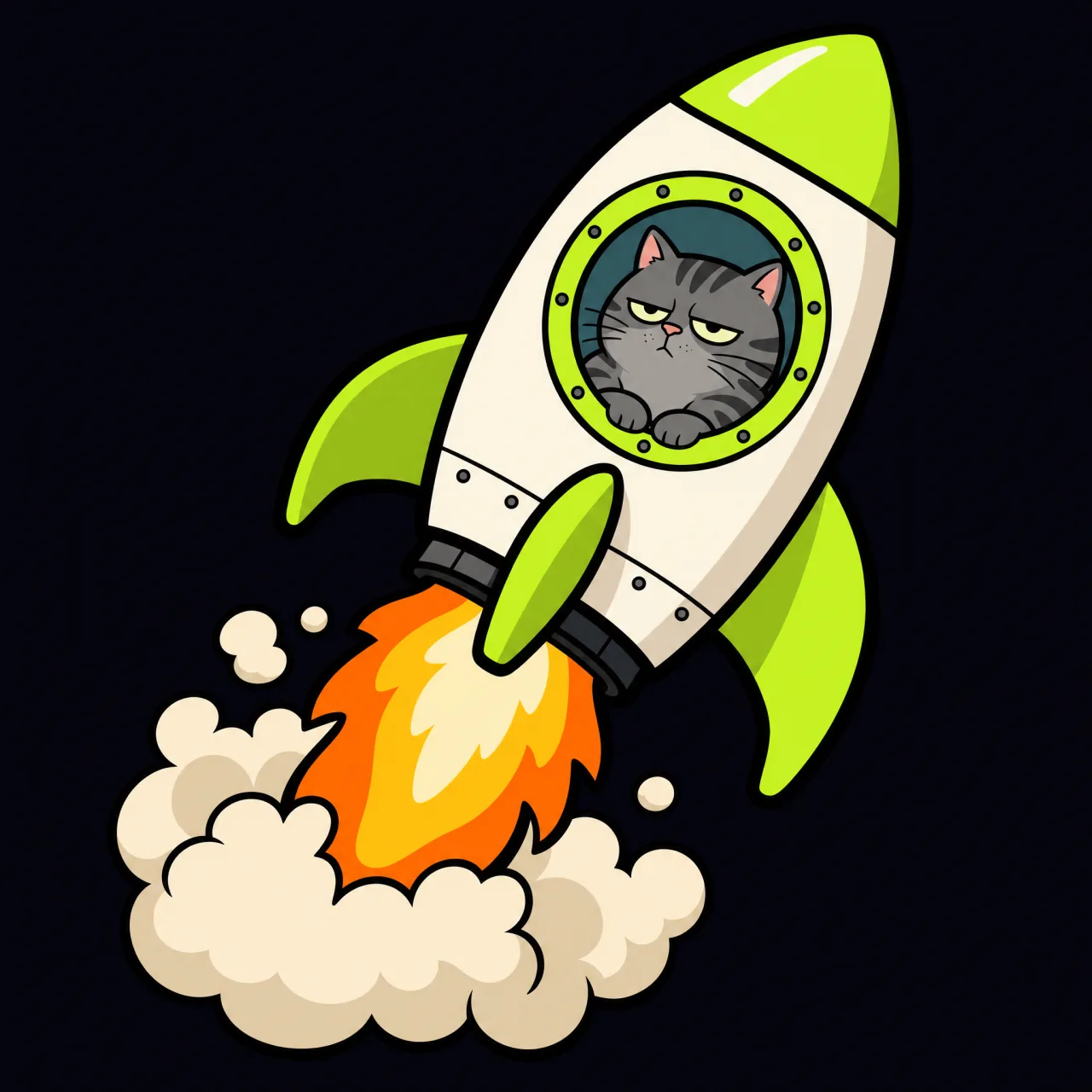 A cartoon rocket with the bored cat looking out of the porthole.