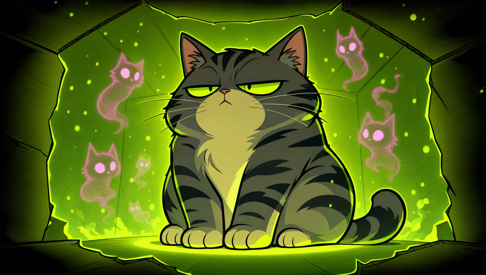The cat inside the box: a glowing green void full of ghost wisps.
