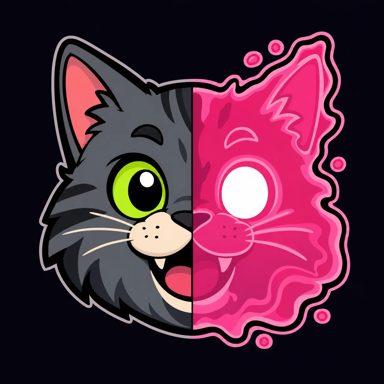 A cartoon cat head split down the middle: normal on one side, glowing ghost on the other.
