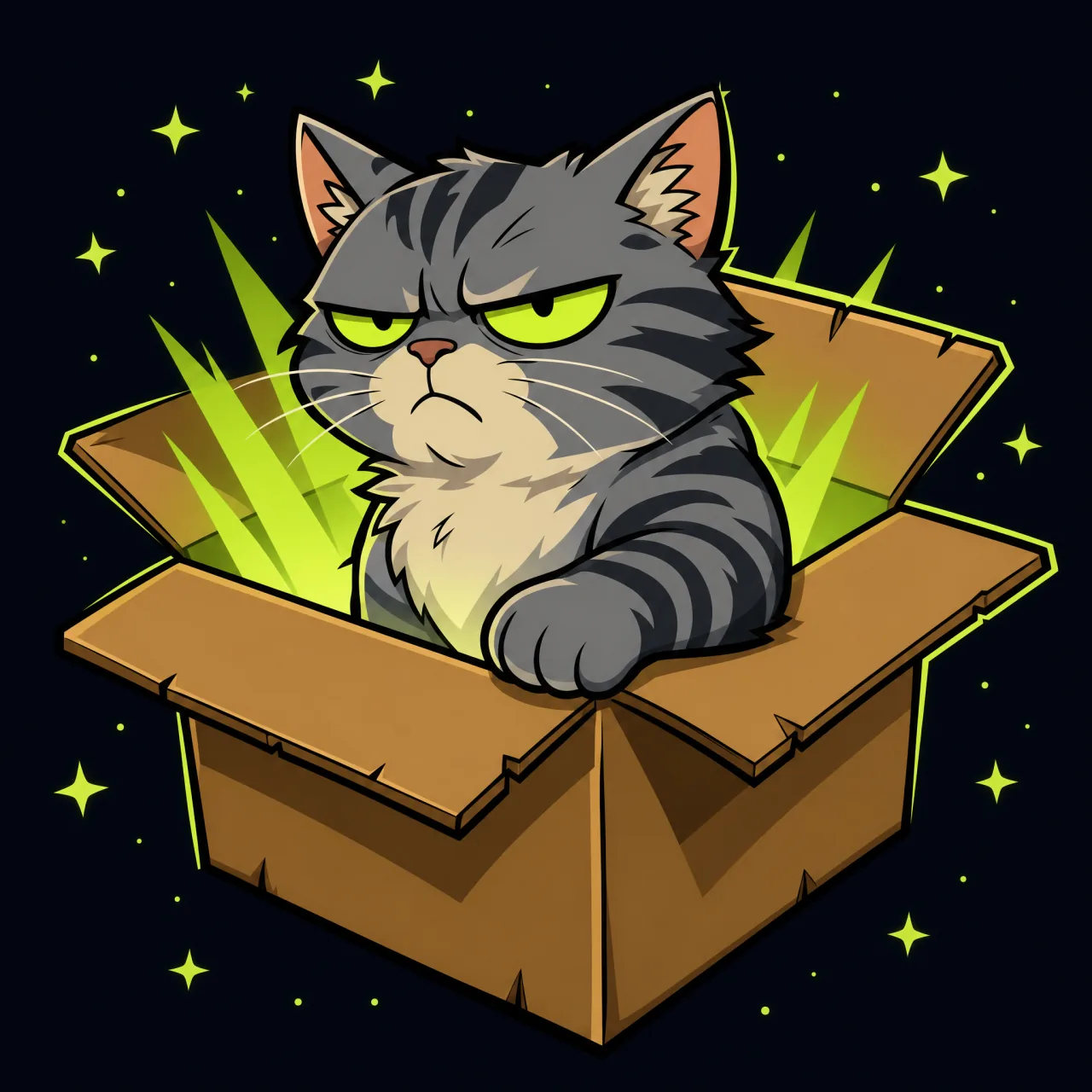 The cat pops out of the opened box, annoyed at being observed.