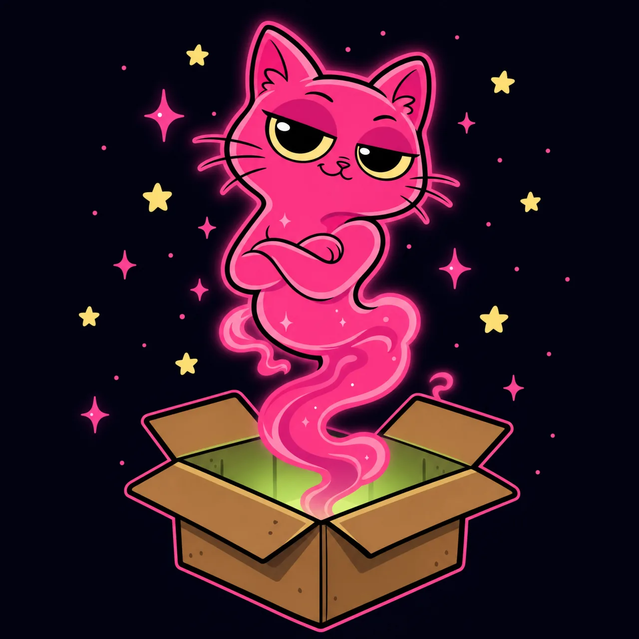 A smug magenta ghost rising out of the opened box like smoke.