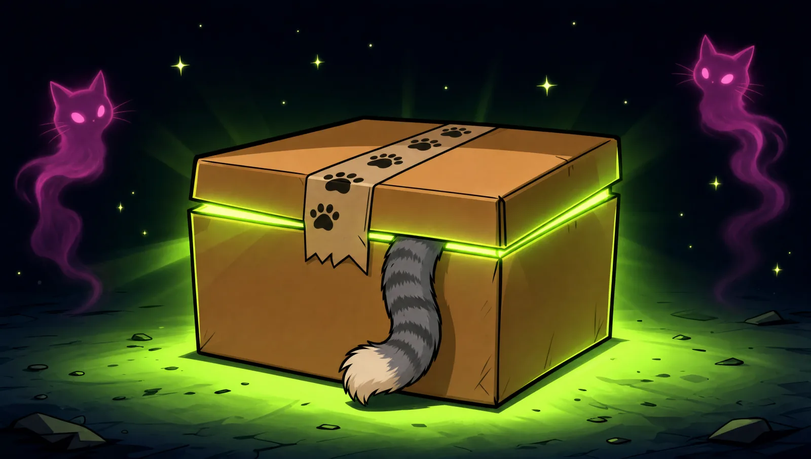 The sealed box on a rocky floor, green light leaking, her grey tail poking out.