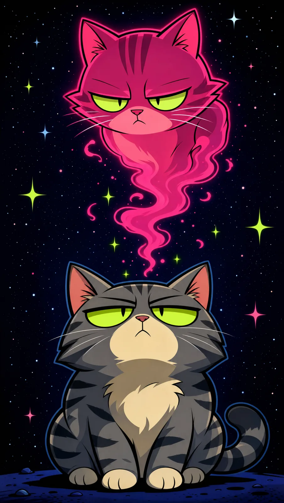 Vertical standoff: the ghost above, the cat below, staring at each other.